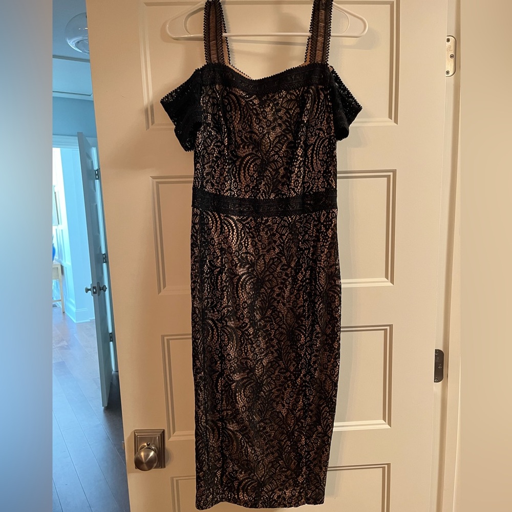 Rachel Roy black lace cold shoulder midi dress